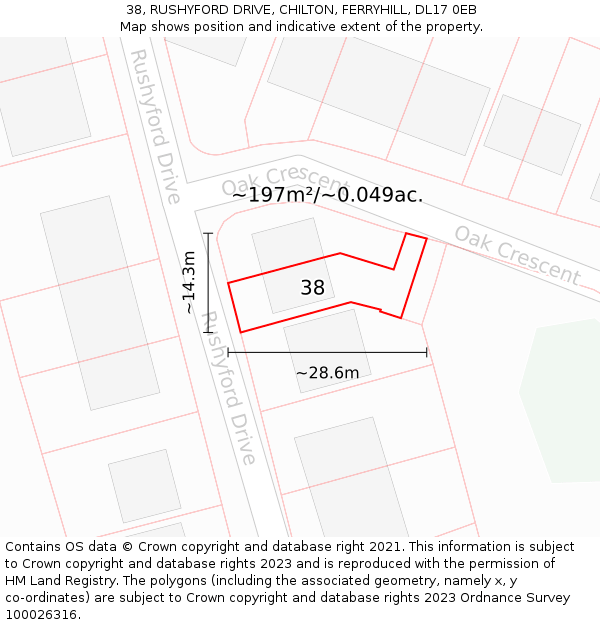 38, RUSHYFORD DRIVE, CHILTON, FERRYHILL, DL17 0EB: Plot and title map