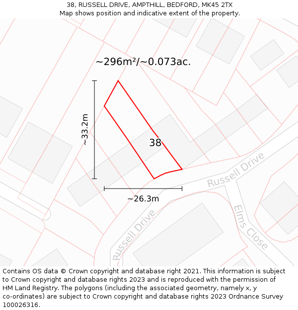 38, RUSSELL DRIVE, AMPTHILL, BEDFORD, MK45 2TX: Plot and title map