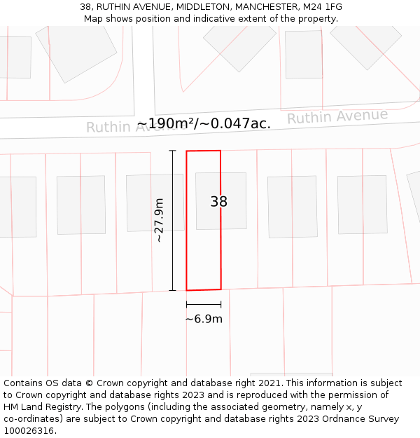 38, RUTHIN AVENUE, MIDDLETON, MANCHESTER, M24 1FG: Plot and title map