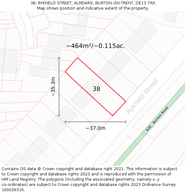 38, RYKNELD STREET, ALREWAS, BURTON-ON-TRENT, DE13 7AX: Plot and title map