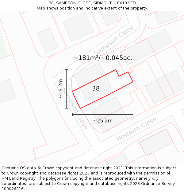 38, SAMPSON CLOSE, SIDMOUTH, EX10 9FD: Plot and title map