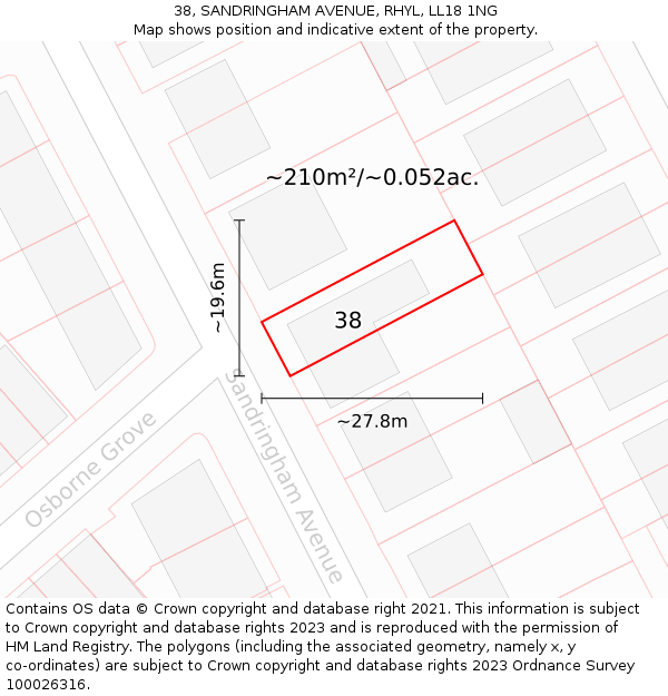 38, SANDRINGHAM AVENUE, RHYL, LL18 1NG: Plot and title map