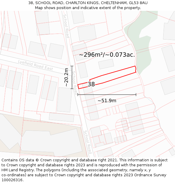 38, SCHOOL ROAD, CHARLTON KINGS, CHELTENHAM, GL53 8AU: Plot and title map