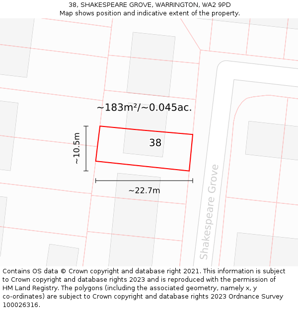 38, SHAKESPEARE GROVE, WARRINGTON, WA2 9PD: Plot and title map