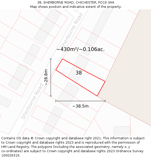 38, SHERBORNE ROAD, CHICHESTER, PO19 3AA: Plot and title map