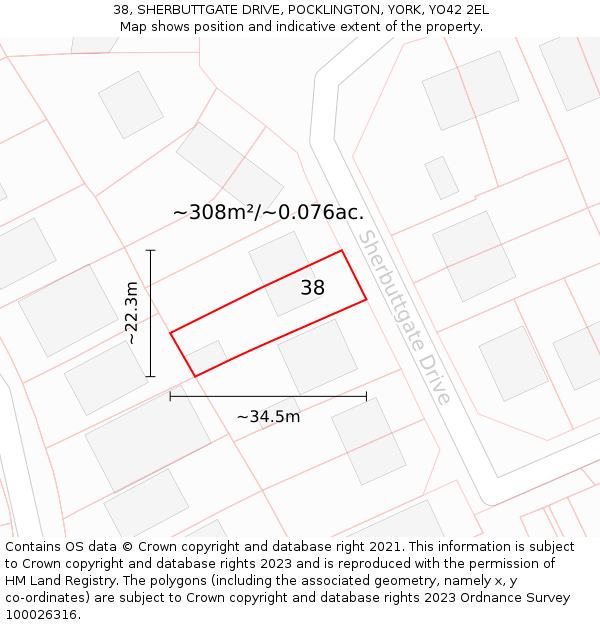 38, SHERBUTTGATE DRIVE, POCKLINGTON, YORK, YO42 2EL: Plot and title map