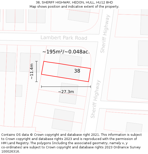 38, SHERIFF HIGHWAY, HEDON, HULL, HU12 8HD: Plot and title map