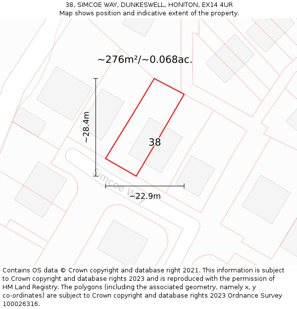 38, SIMCOE WAY, DUNKESWELL, HONITON, EX14 4UR: Plot and title map