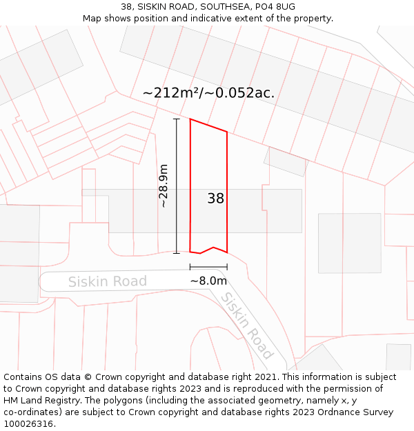 38, SISKIN ROAD, SOUTHSEA, PO4 8UG: Plot and title map