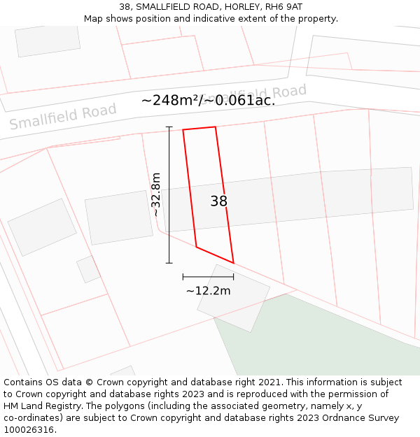 38, SMALLFIELD ROAD, HORLEY, RH6 9AT: Plot and title map