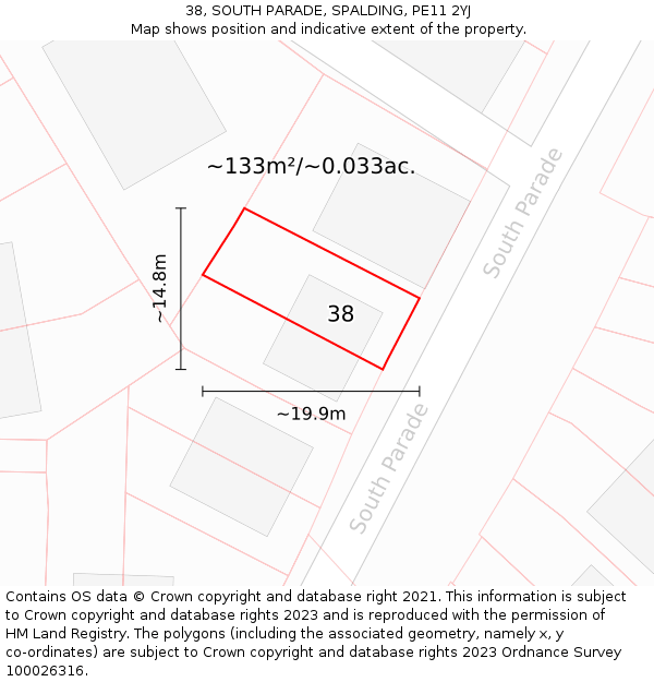 38, SOUTH PARADE, SPALDING, PE11 2YJ: Plot and title map