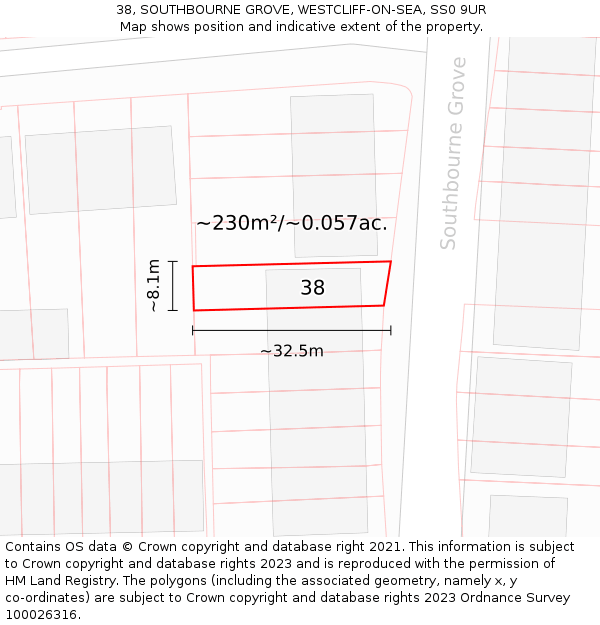 38, SOUTHBOURNE GROVE, WESTCLIFF-ON-SEA, SS0 9UR: Plot and title map