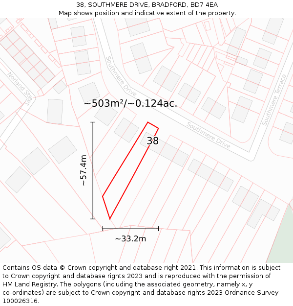 38, SOUTHMERE DRIVE, BRADFORD, BD7 4EA: Plot and title map