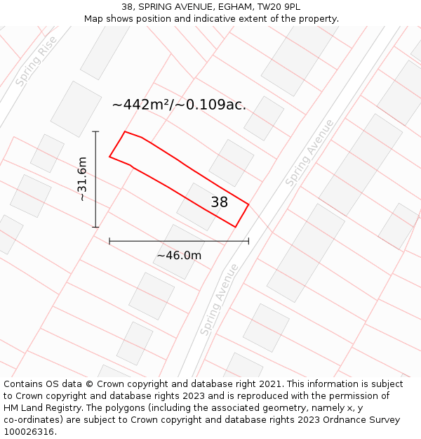 38, SPRING AVENUE, EGHAM, TW20 9PL: Plot and title map