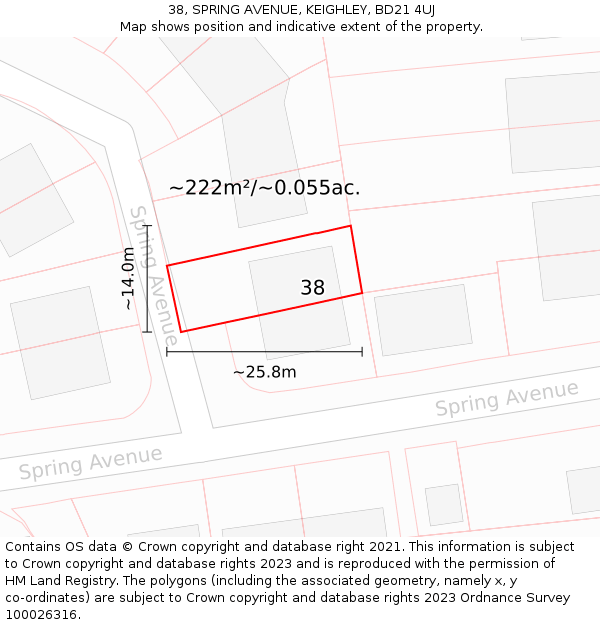 38, SPRING AVENUE, KEIGHLEY, BD21 4UJ: Plot and title map