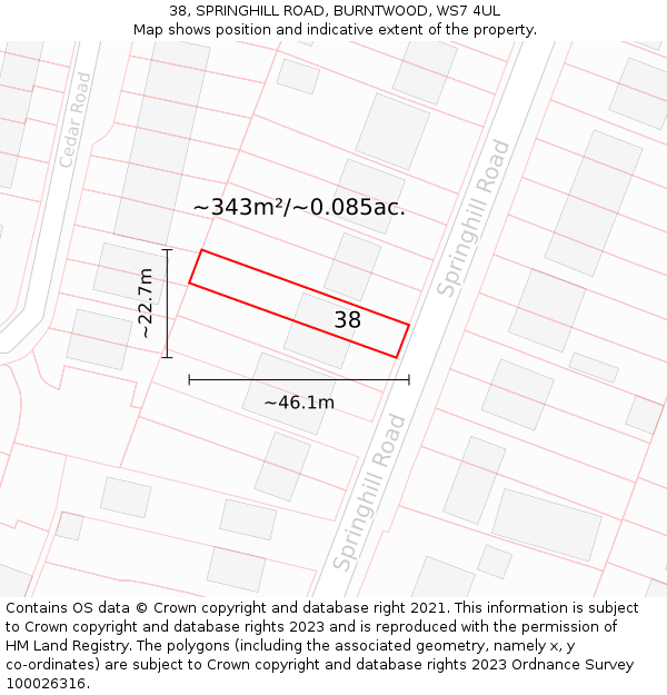 38, SPRINGHILL ROAD, BURNTWOOD, WS7 4UL: Plot and title map