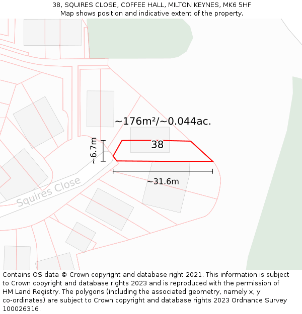 38, SQUIRES CLOSE, COFFEE HALL, MILTON KEYNES, MK6 5HF: Plot and title map