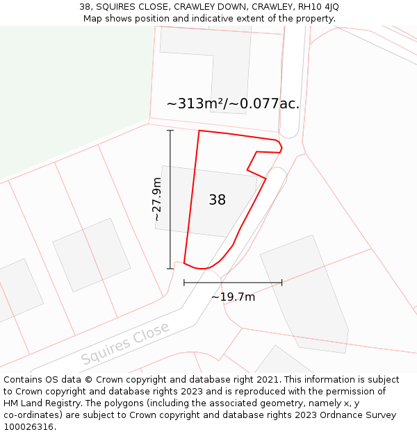 38, SQUIRES CLOSE, CRAWLEY DOWN, CRAWLEY, RH10 4JQ: Plot and title map