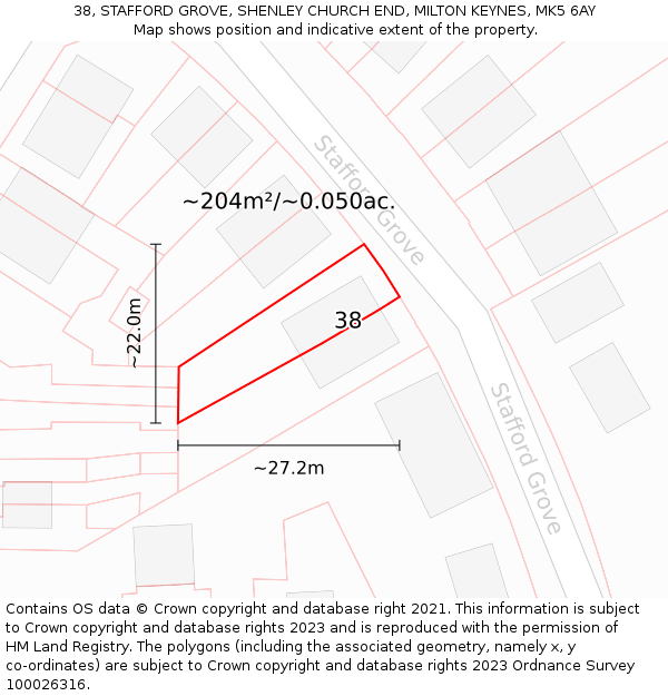 38, STAFFORD GROVE, SHENLEY CHURCH END, MILTON KEYNES, MK5 6AY: Plot and title map