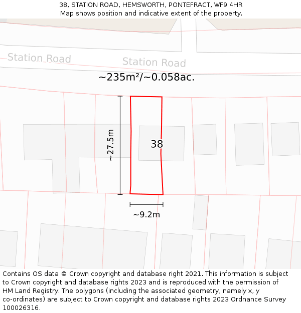 38, STATION ROAD, HEMSWORTH, PONTEFRACT, WF9 4HR: Plot and title map