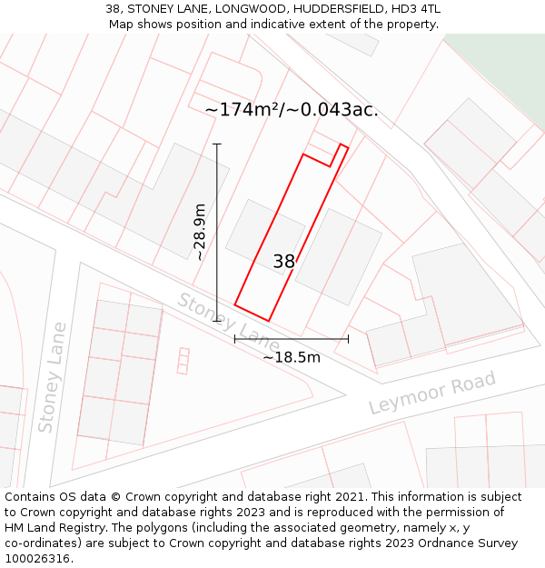 38, STONEY LANE, LONGWOOD, HUDDERSFIELD, HD3 4TL: Plot and title map