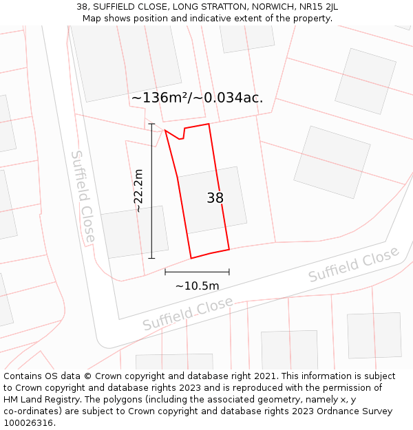 38, SUFFIELD CLOSE, LONG STRATTON, NORWICH, NR15 2JL: Plot and title map