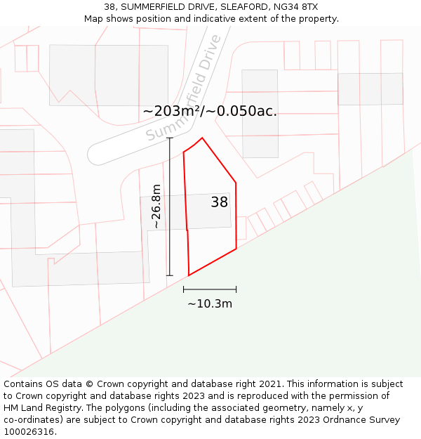 38, SUMMERFIELD DRIVE, SLEAFORD, NG34 8TX: Plot and title map