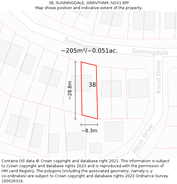 38, SUNNINGDALE, GRANTHAM, NG31 9PF: Plot and title map