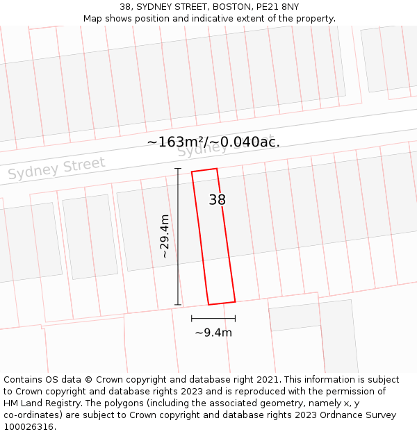 38, SYDNEY STREET, BOSTON, PE21 8NY: Plot and title map