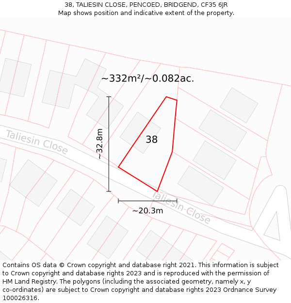 38, TALIESIN CLOSE, PENCOED, BRIDGEND, CF35 6JR: Plot and title map