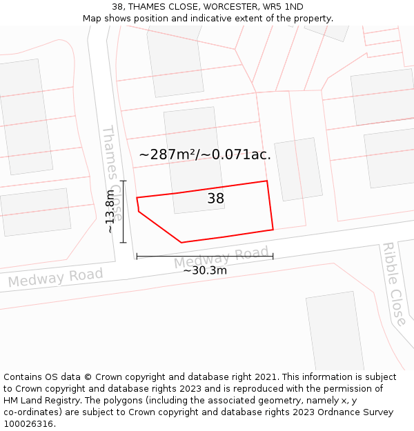 38, THAMES CLOSE, WORCESTER, WR5 1ND: Plot and title map