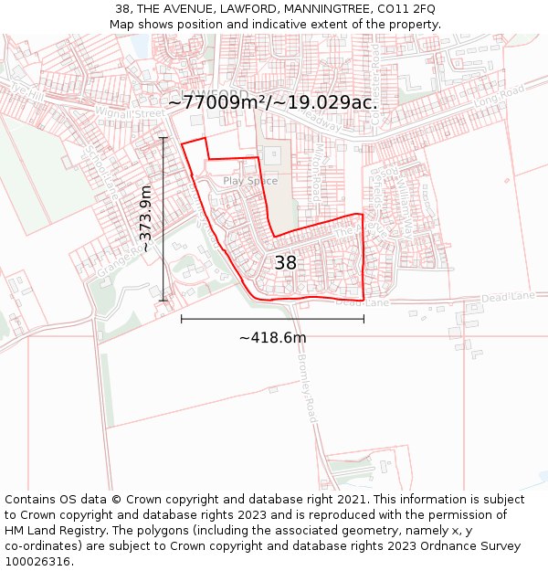 38, THE AVENUE, LAWFORD, MANNINGTREE, CO11 2FQ: Plot and title map