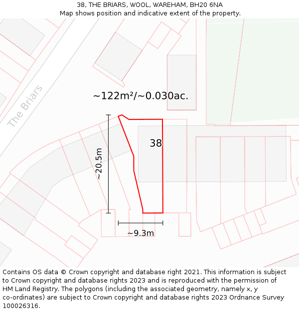 38, THE BRIARS, WOOL, WAREHAM, BH20 6NA: Plot and title map