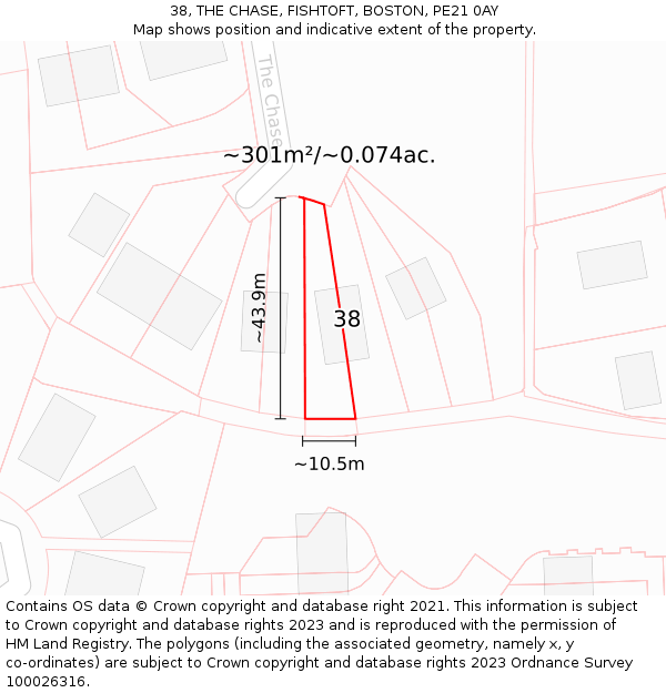 38, THE CHASE, FISHTOFT, BOSTON, PE21 0AY: Plot and title map