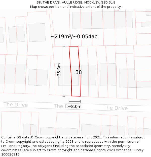 38, THE DRIVE, HULLBRIDGE, HOCKLEY, SS5 6LN: Plot and title map