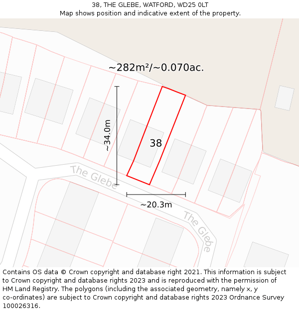 38, THE GLEBE, WATFORD, WD25 0LT: Plot and title map