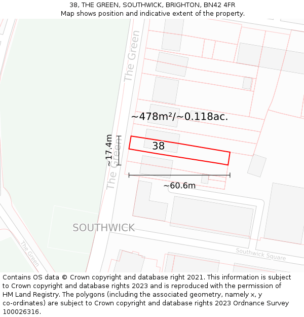 38, THE GREEN, SOUTHWICK, BRIGHTON, BN42 4FR: Plot and title map