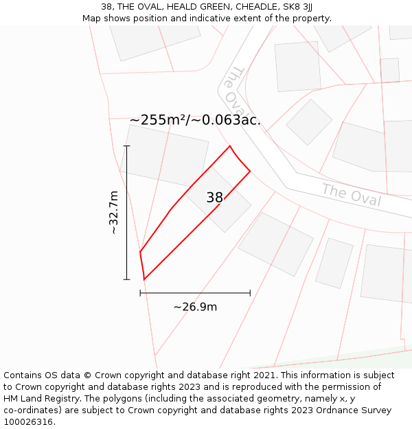 38, THE OVAL, HEALD GREEN, CHEADLE, SK8 3JJ: Plot and title map