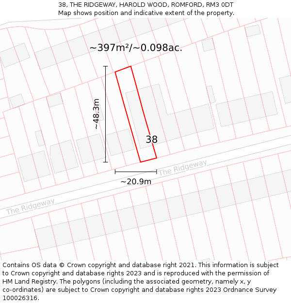 38, THE RIDGEWAY, HAROLD WOOD, ROMFORD, RM3 0DT: Plot and title map