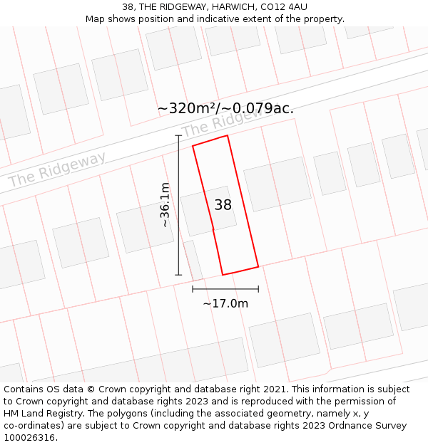 38, THE RIDGEWAY, HARWICH, CO12 4AU: Plot and title map