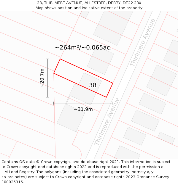 38, THIRLMERE AVENUE, ALLESTREE, DERBY, DE22 2RX: Plot and title map