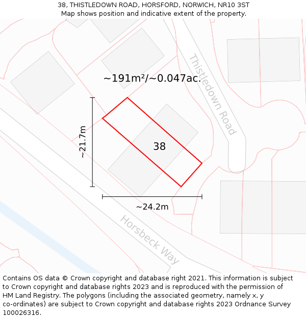 38, THISTLEDOWN ROAD, HORSFORD, NORWICH, NR10 3ST: Plot and title map