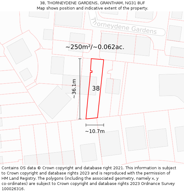 38, THORNEYDENE GARDENS, GRANTHAM, NG31 8UF: Plot and title map