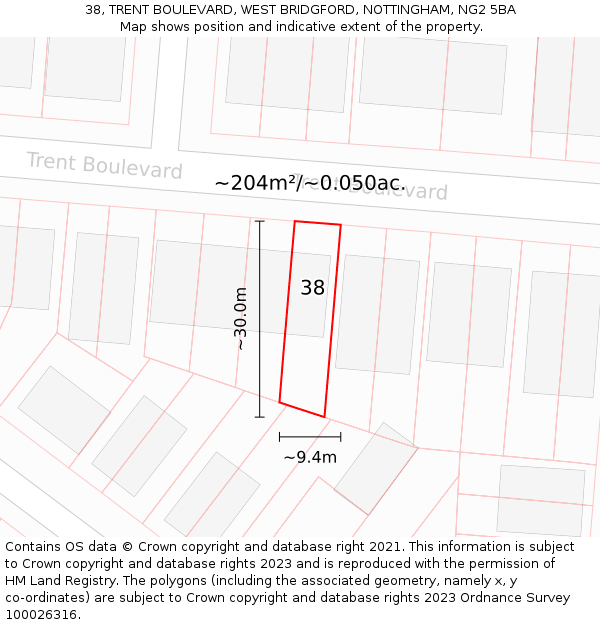 38, TRENT BOULEVARD, WEST BRIDGFORD, NOTTINGHAM, NG2 5BA: Plot and title map