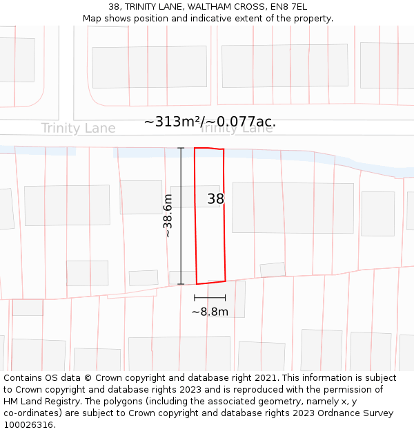 38, TRINITY LANE, WALTHAM CROSS, EN8 7EL: Plot and title map