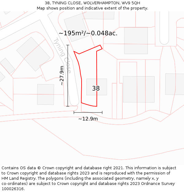 38, TYNING CLOSE, WOLVERHAMPTON, WV9 5QH: Plot and title map