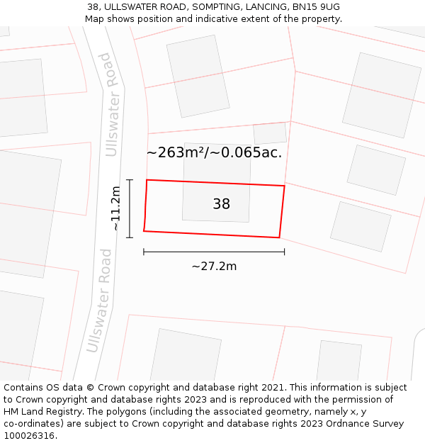 38, ULLSWATER ROAD, SOMPTING, LANCING, BN15 9UG: Plot and title map