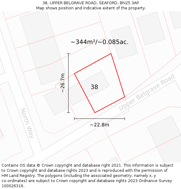 38, UPPER BELGRAVE ROAD, SEAFORD, BN25 3AP: Plot and title map