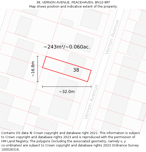 38, VERNON AVENUE, PEACEHAVEN, BN10 8RT: Plot and title map