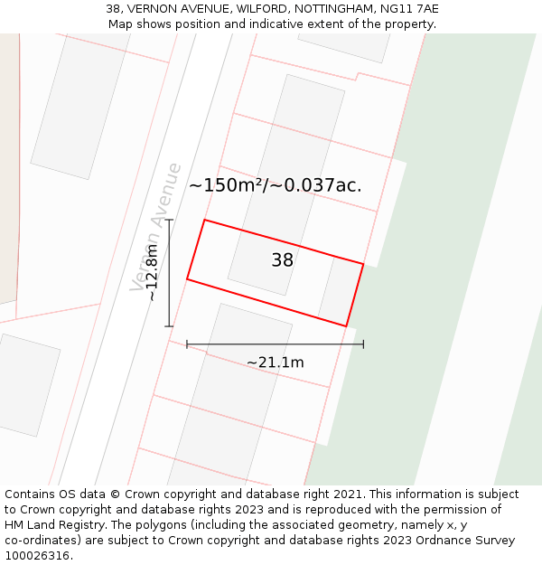 38, VERNON AVENUE, WILFORD, NOTTINGHAM, NG11 7AE: Plot and title map